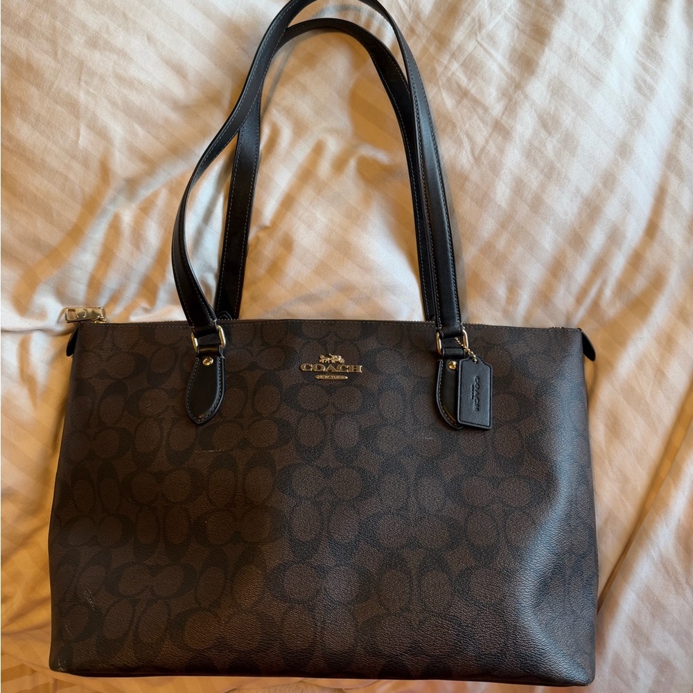 Coach Dark Brown Signature Tote with Black Handles